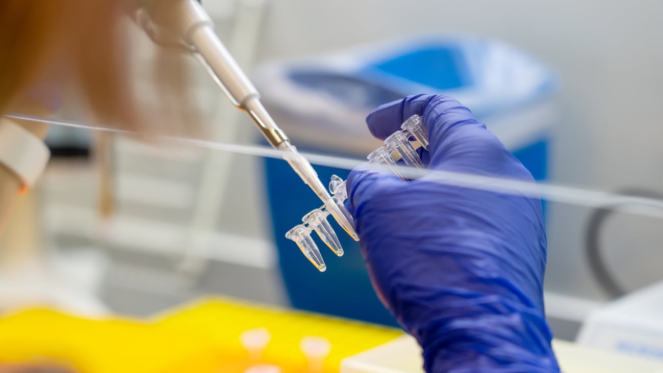 Chemist putting chemicals into a test tube