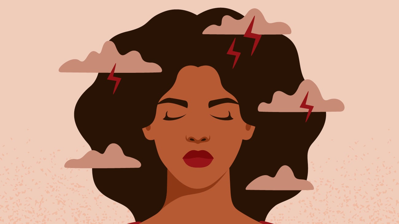 Cartoon of a young Black woman with rain clouds around her to indicate a severe headache