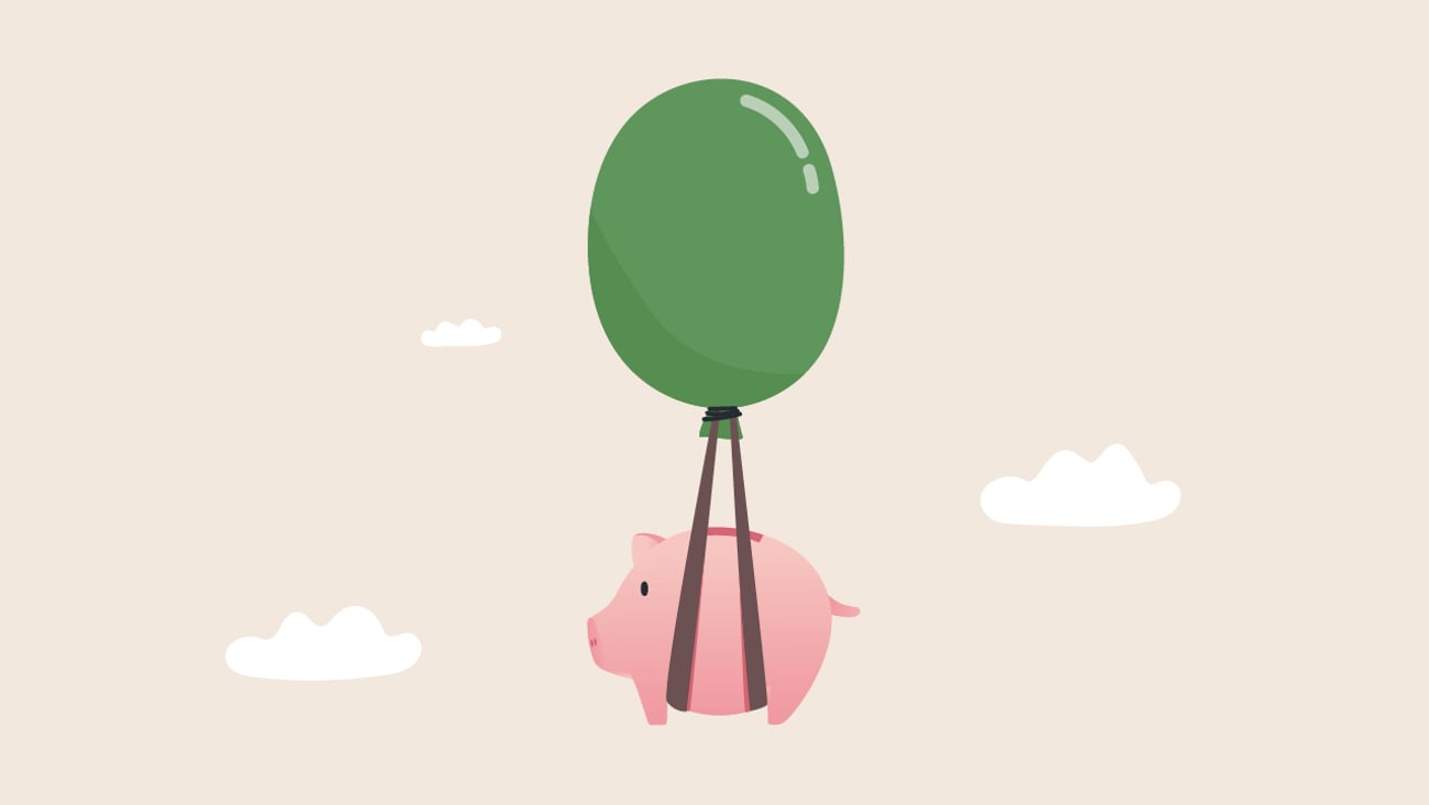 Cartoon of a pig being held up by. green balloon