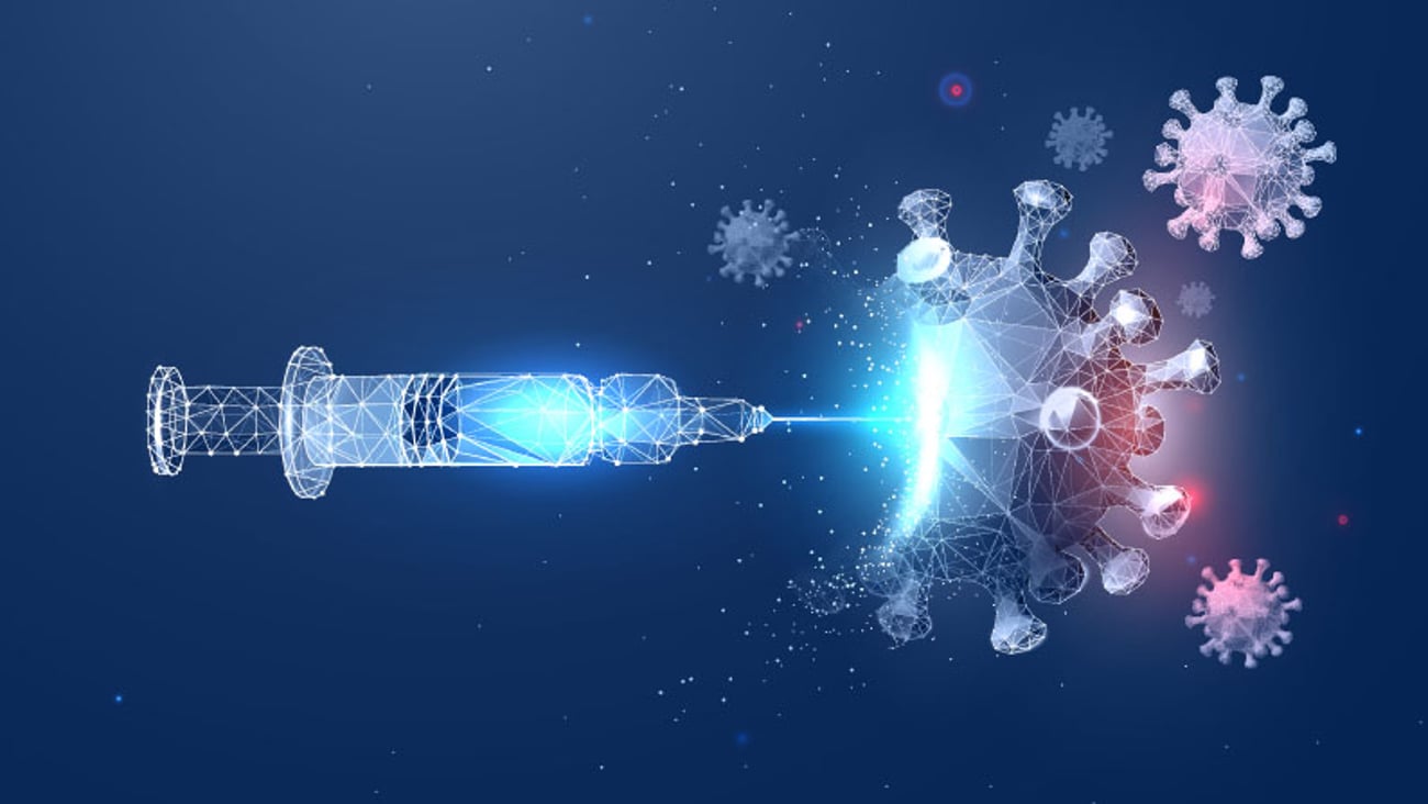 futuristic illustration of a blue tinged syringe injecting into a starburst 