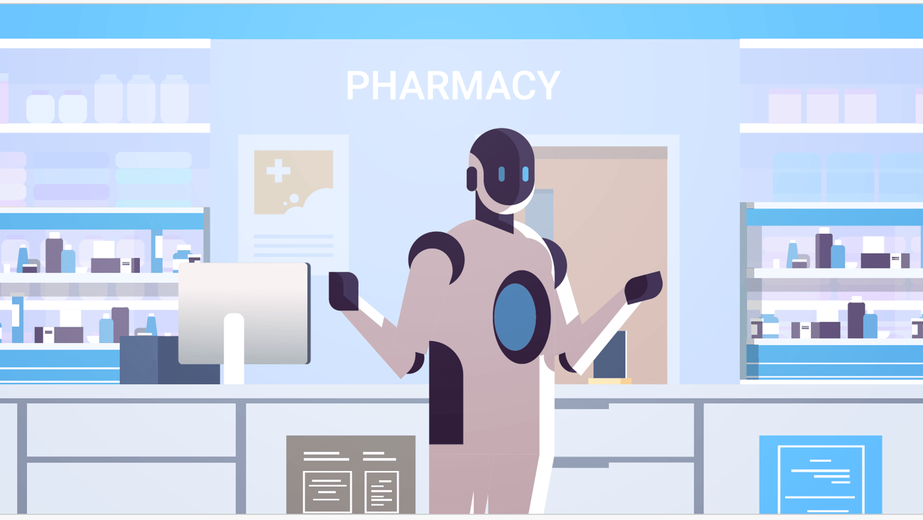 A cartoon robot standing in a pharmacy dispensary