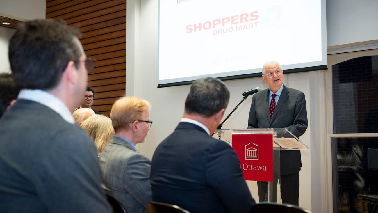 A representative from the University of Ottawa announces the launch of the university's pharmacy care clinic at a press conference last Friday