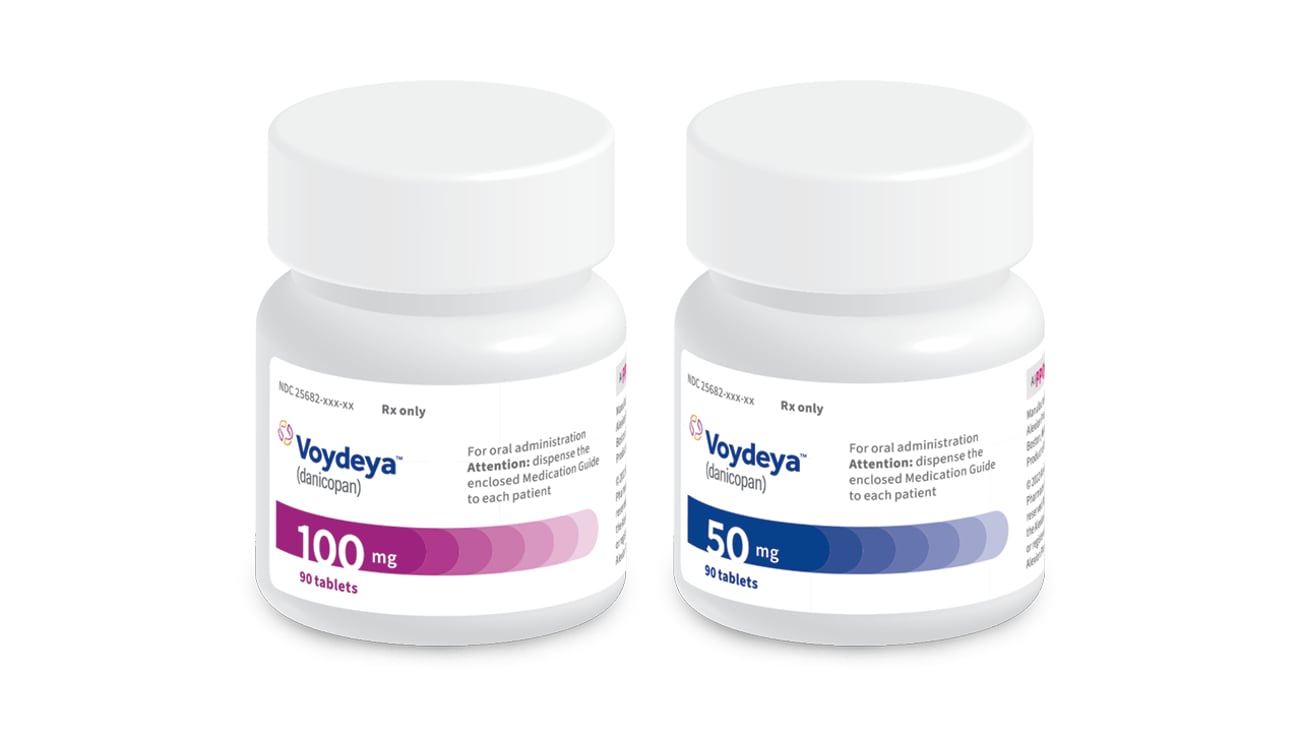 Two bottles of Voydeya, an oral complement inhibitor 