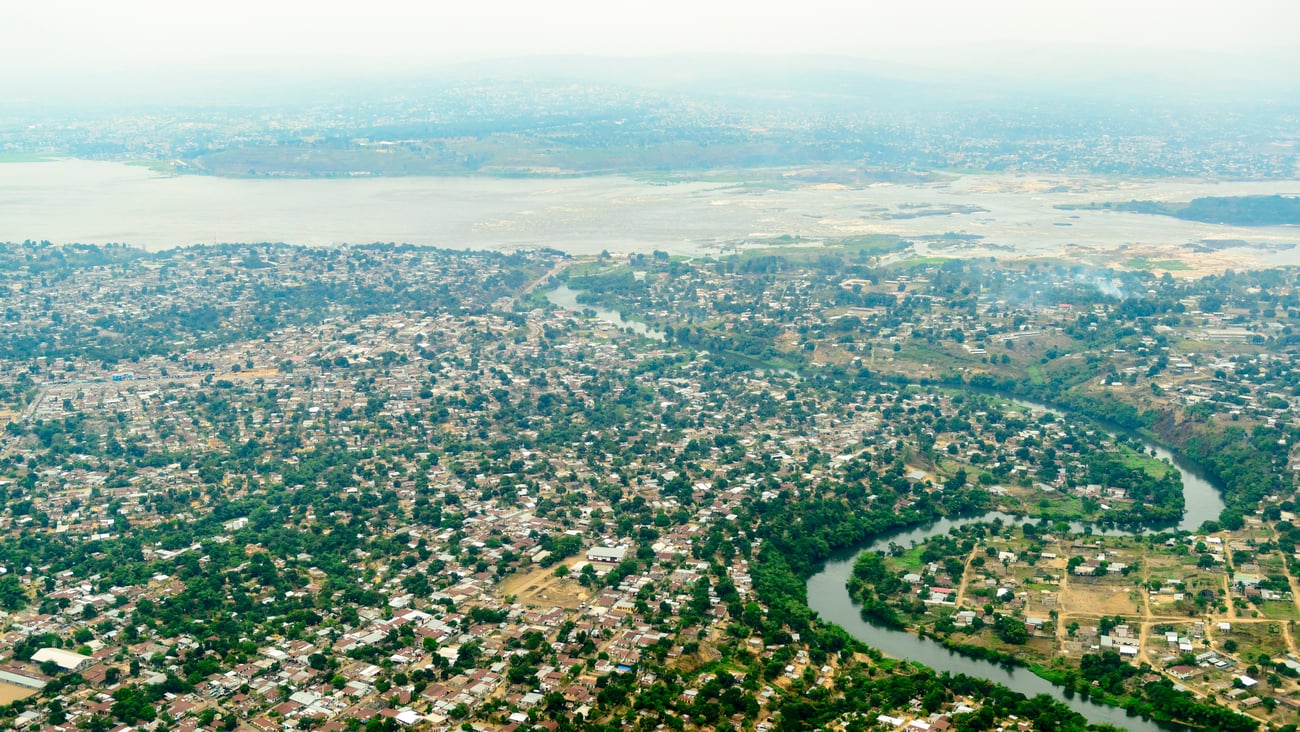 Aerial vide of Brazzaville with the Congo River and Kinshasa
