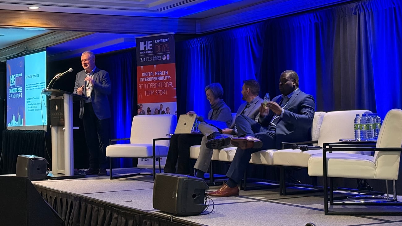 From left to right: Canada Health Infoway's Attila Farkas, Amanda Gray of British Columbia, Duncan Worden of Alberta and Emmanuel Tackie of New Brunswick speak at a panel at IHE North America Connectation in Toronto on Feb. 10, 2025.