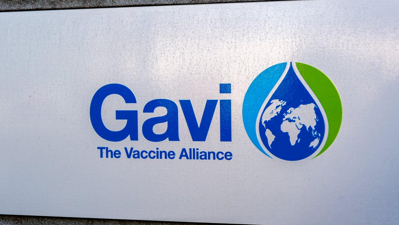 Sign and logo at the entrance to the headquarters of the international organization Gavi Alliance (Global Alliance for Vaccines and Immunization)