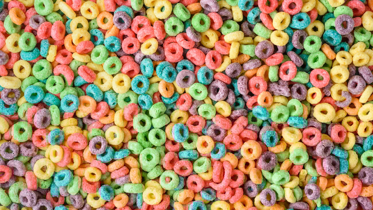 A pile of colourful cereal