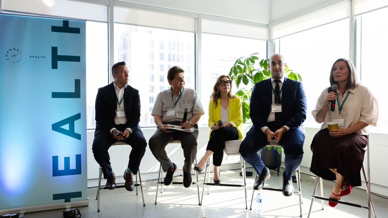 From right to left, ChangeMakers Health executive vice-president Rob McEwan, family physician Dr. Felix Klajner, Leger senior vice-president Lisa Covens, clinical pharmacist Tamer Elias and nurse practitioner Jessica Bawden. (ChangeMakers Health)