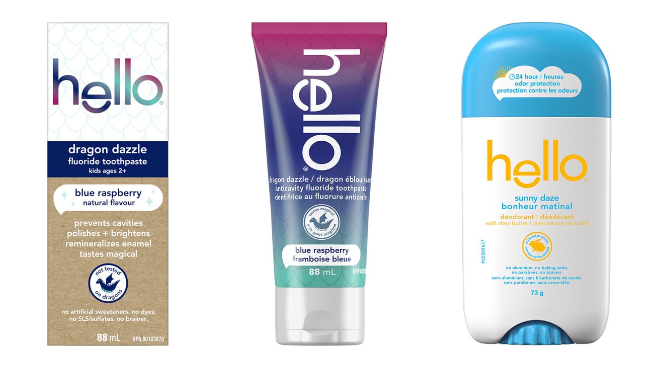 Hello' new dragon dazzle toothpaste and sunny daze 24-hour deodorant. (Hello)