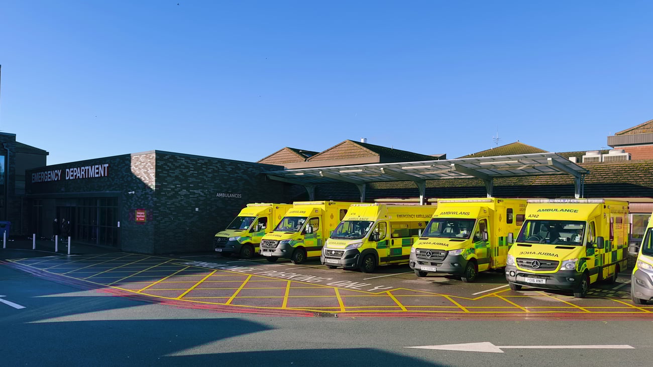 Ambulances queuing outside Accident and Emergency Department at the Countess of Chester Hospital waiting to have patients admitted.