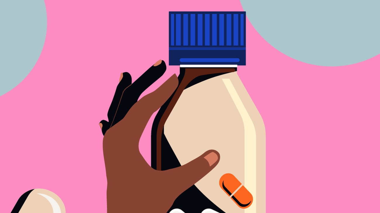 Cartoon of a brown hand holding a bottle