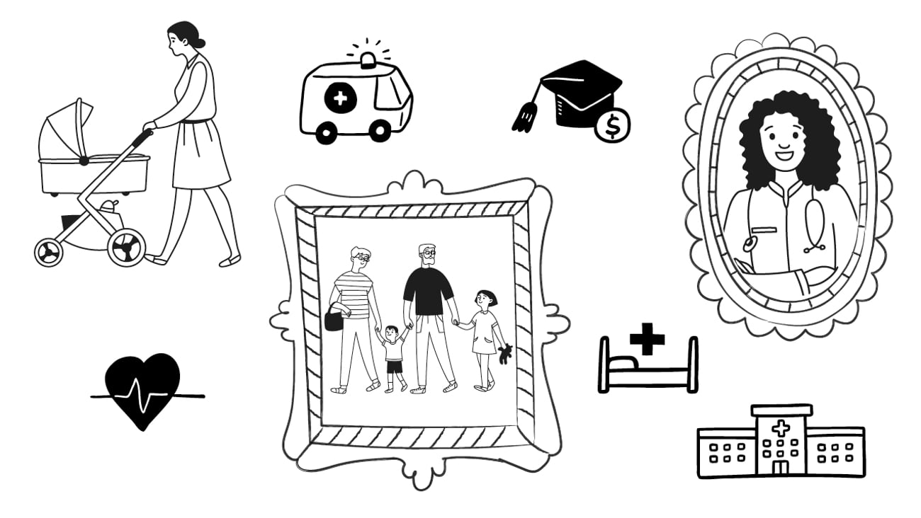 Various cartoons representing different healthcare issues