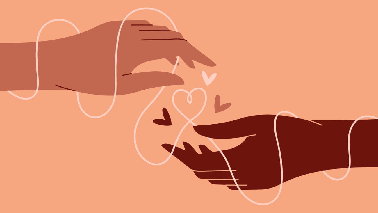 Two cartoon hands connected with a thread
