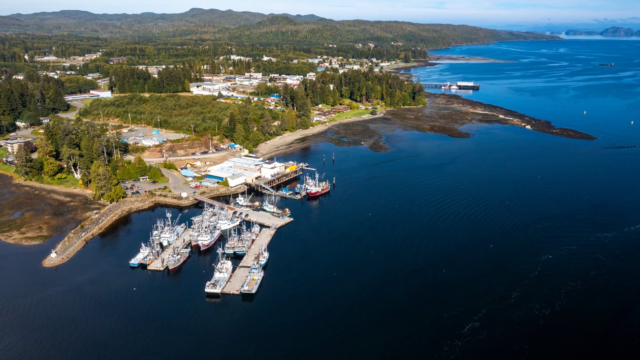 aerial shot of Port Hardy on Vancouver Island, B.C.