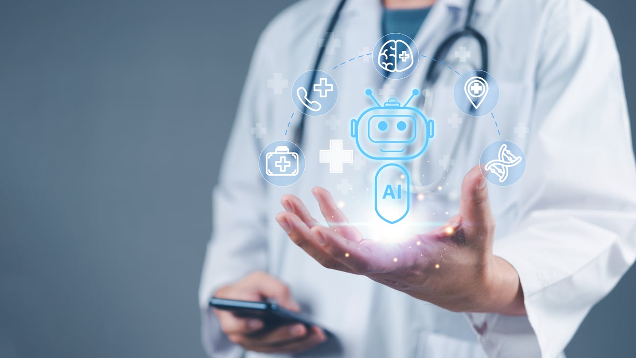 A doctor with an illustration of artificial intelligence in the palm of his hand.