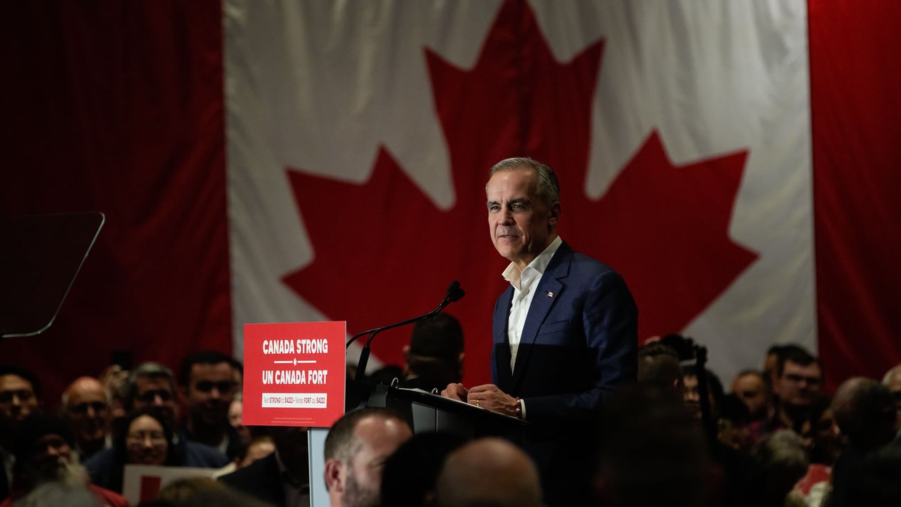 Prime Minister Mark Carney attends a federal election campaign rally at Sheraton Vancouver Airport Hotel in Richmond, B.C., Canada