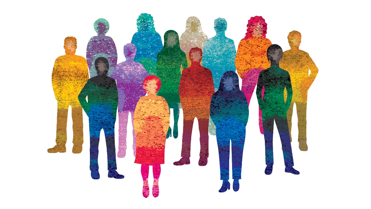 A colourful cartoon of a group of diverse people in silhouette