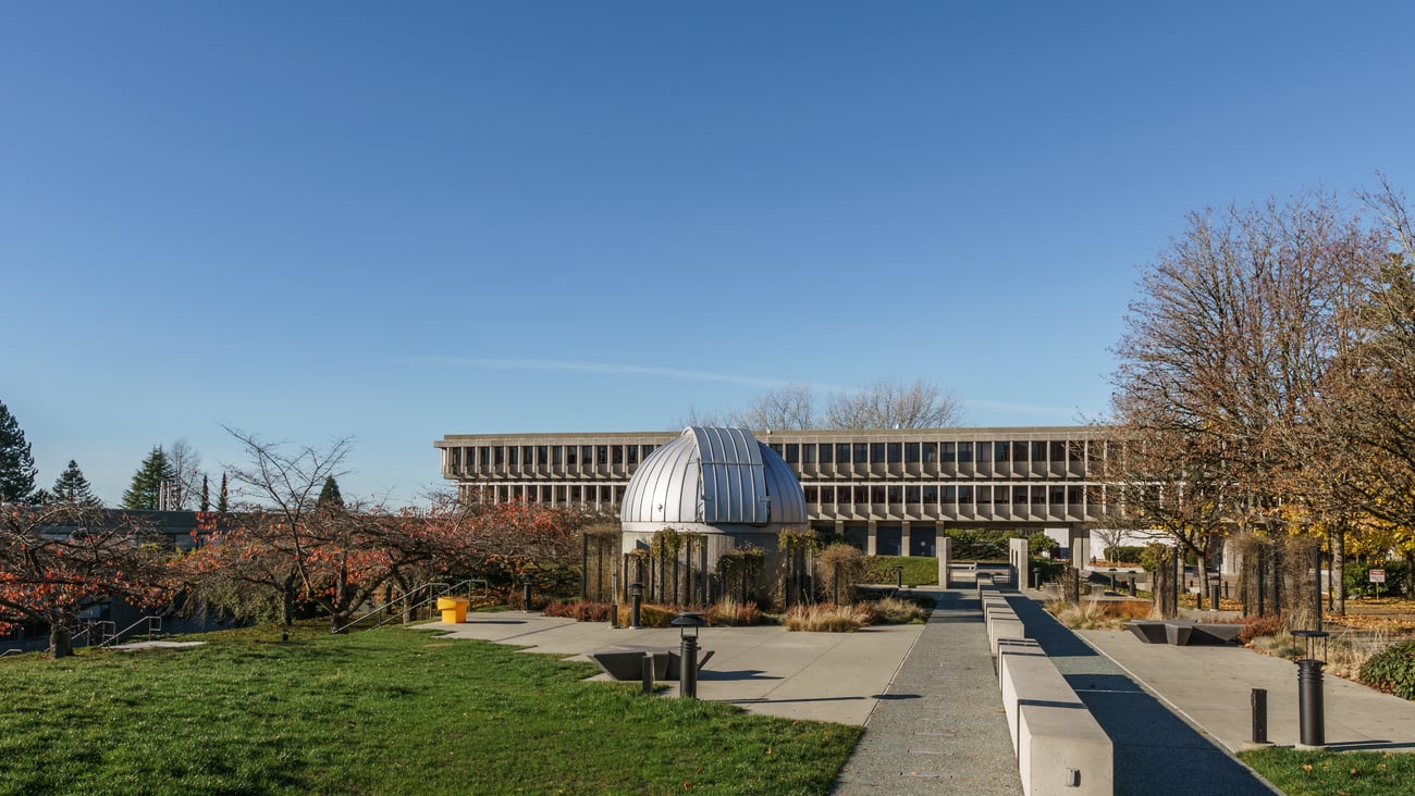 Outdoor view of some buildings at Simon Fraiser University