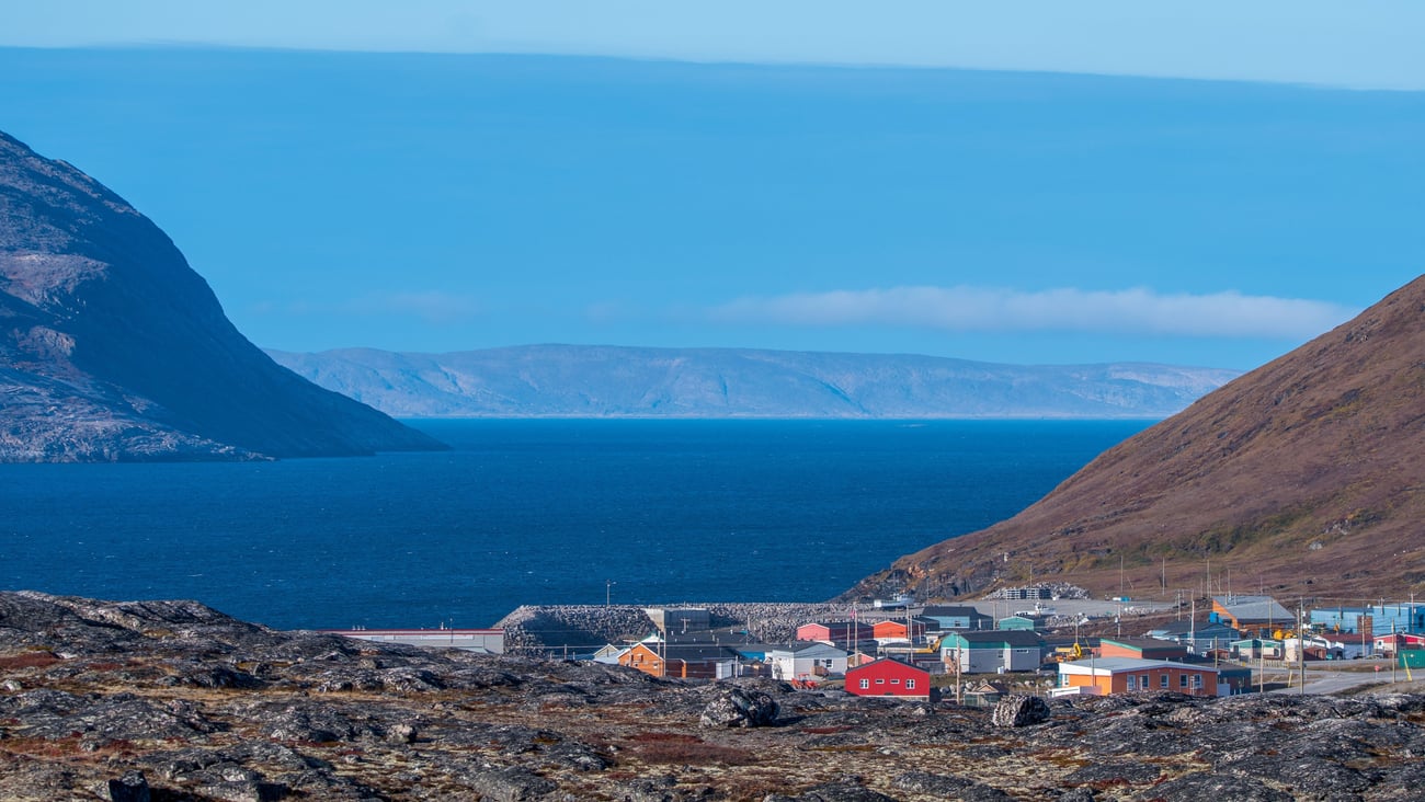 A scenic landscape displaying Kangiqsujuaq, an Inuit community in Nunavik, Quebec.
