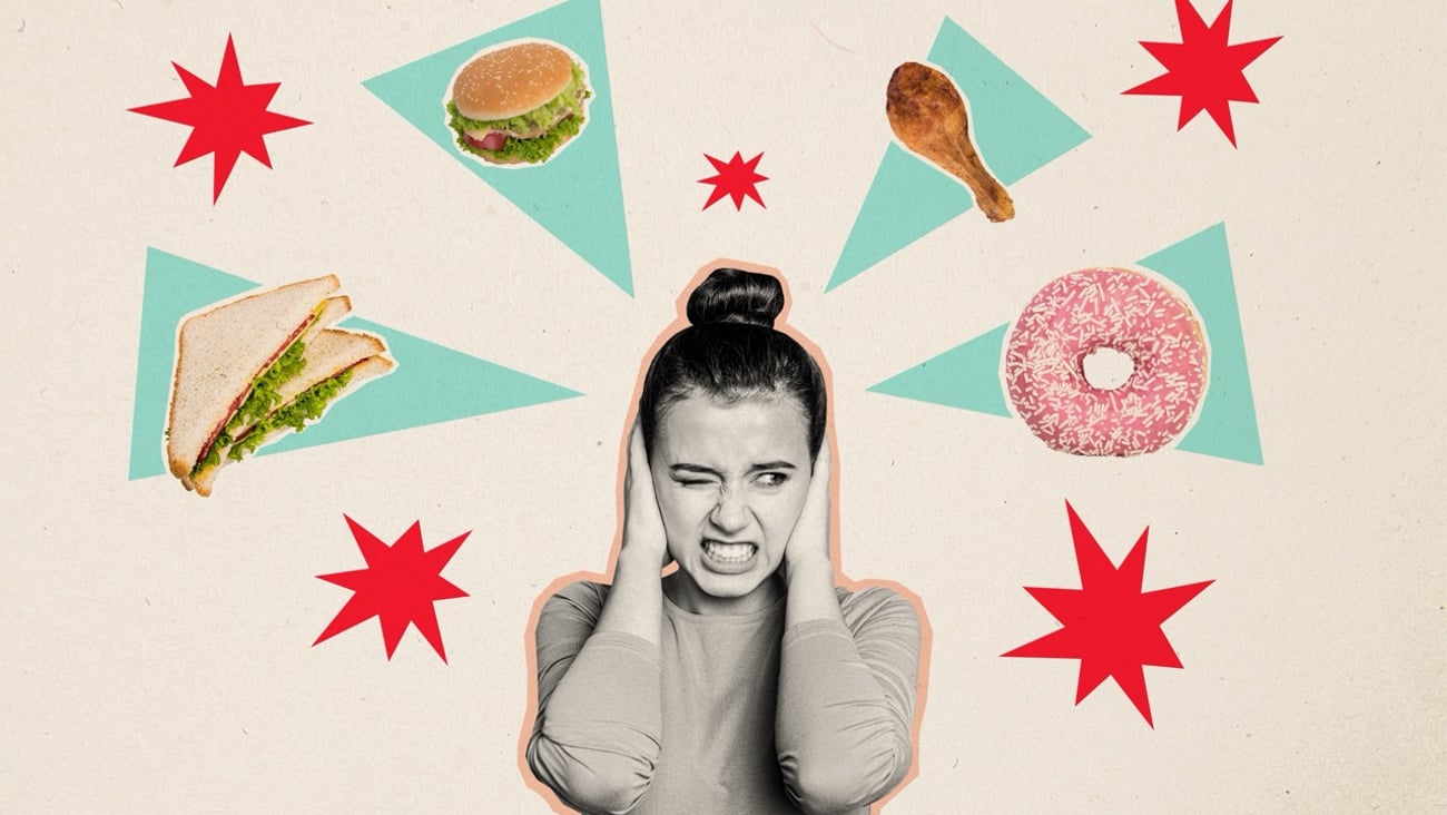 Horizontal photo collage of mad angry annoyed young girl covering her ear with her hands trying to avoid fast food