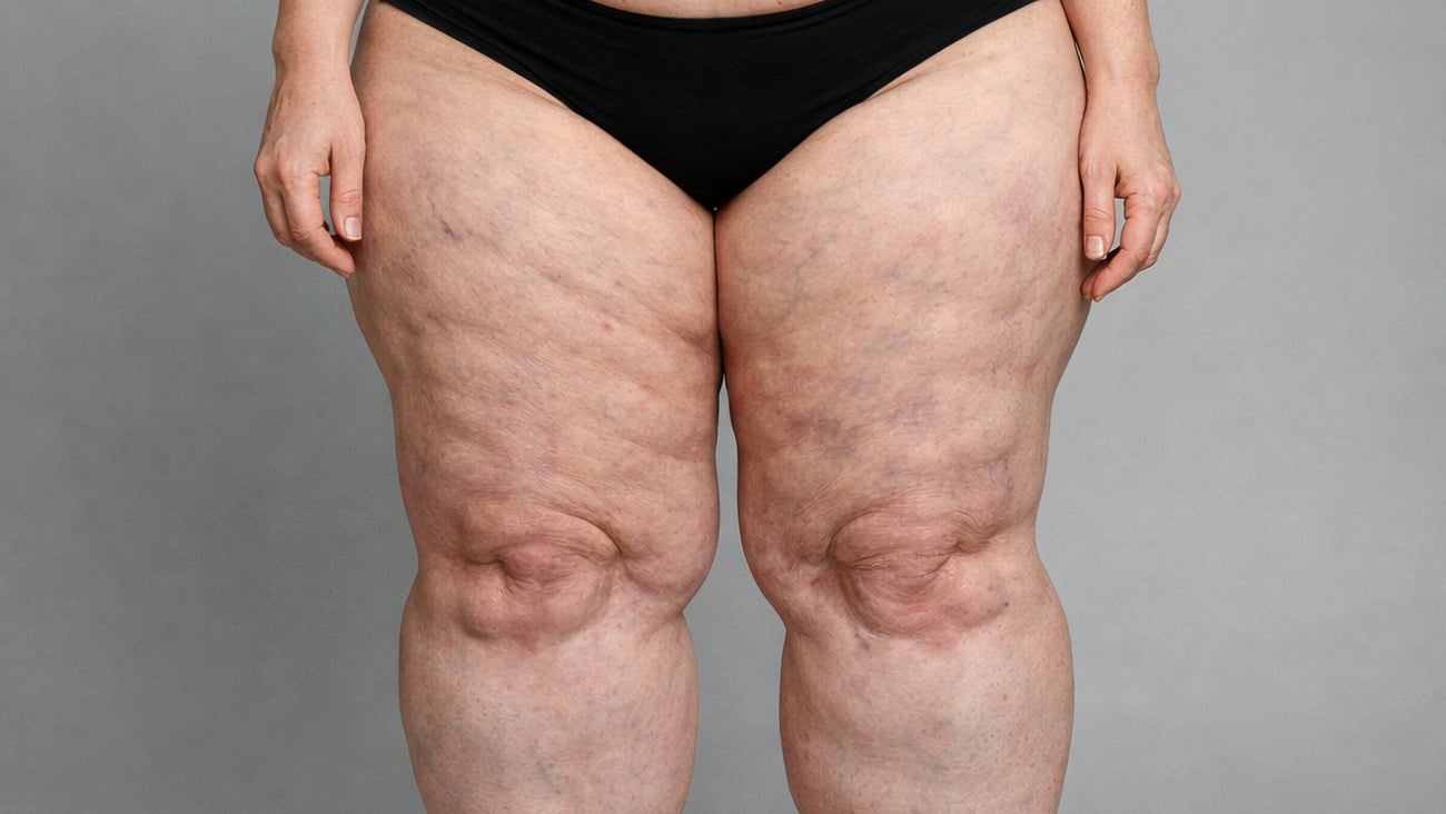 Lower body of woman wearing black underwear, showing larger legs suggesting lipedema