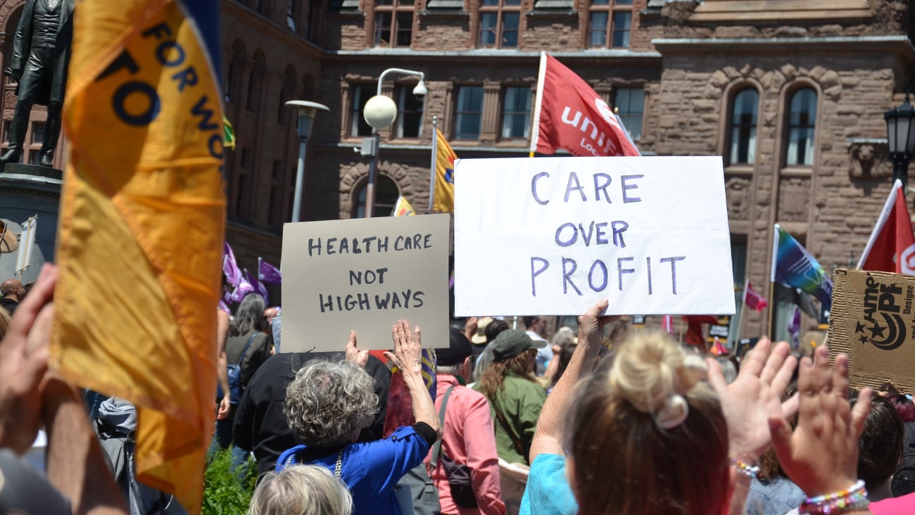 Participants in the Ontario Health Coalition Rally protest the privatization of public healthcare in Ontario on May 30, 2024 in Toronto.