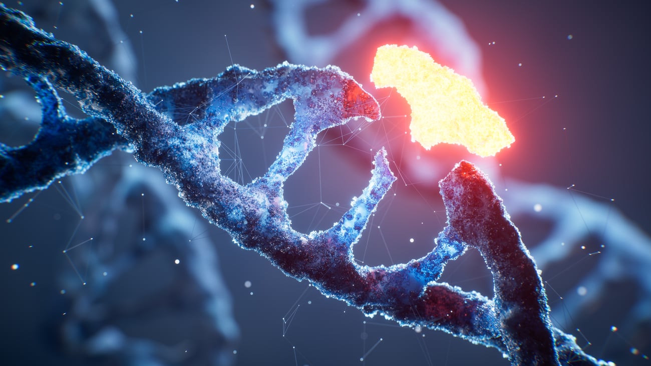 A 3D rendering of DNA being edited.