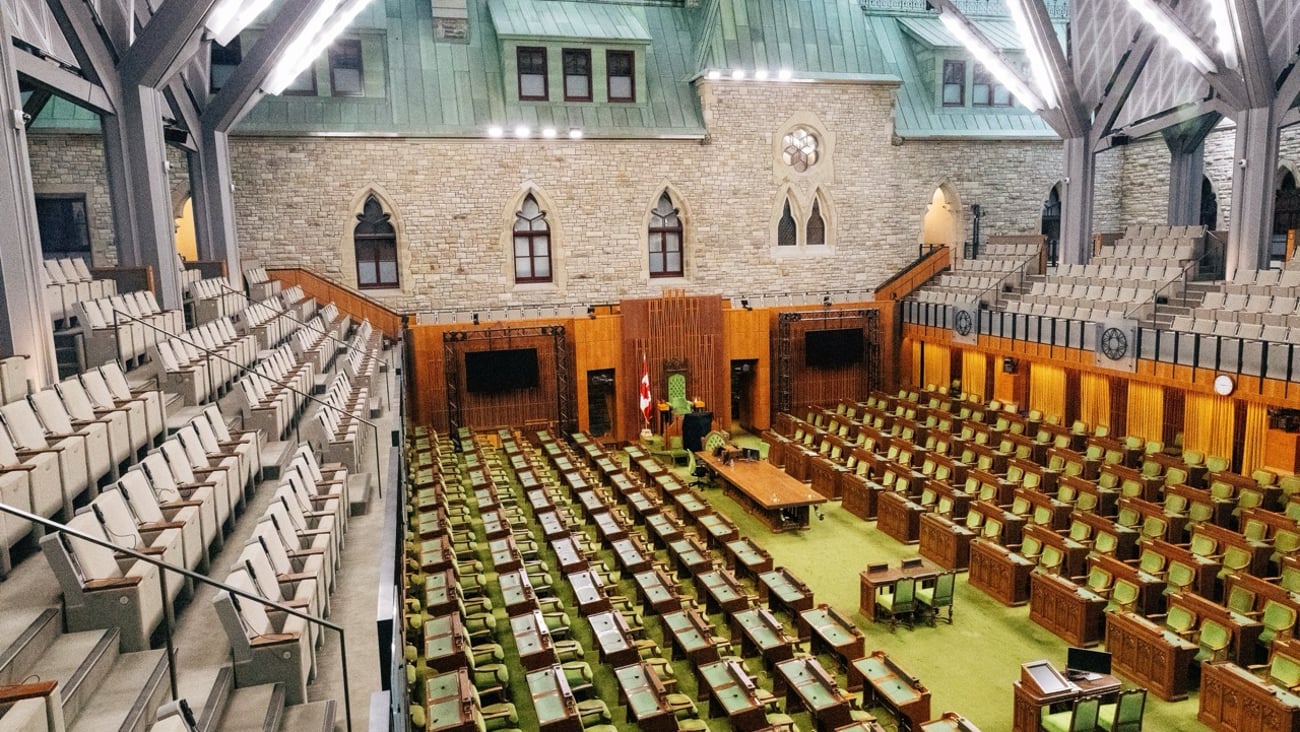 Interior view of the House of Commons chamber in the Parliament of Canada.