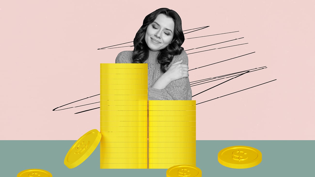 Young woman looking happy behind a cartoon pile of coins