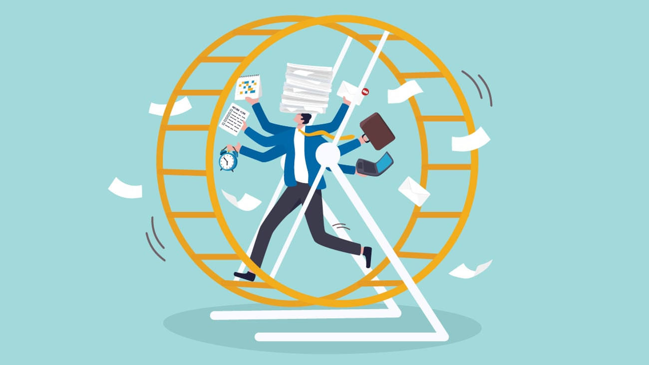 Cartoon of a professional on a giant hamster wheel