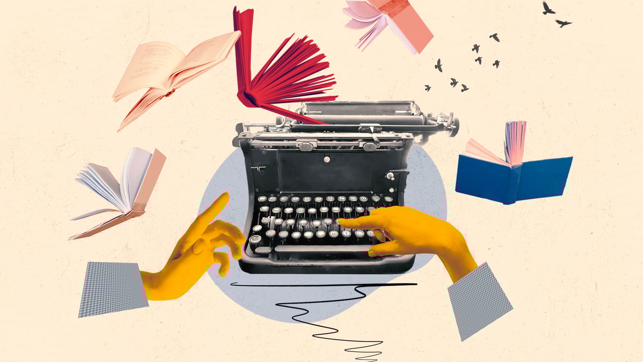 Pop art concept with a woman's hands using a typewriter 