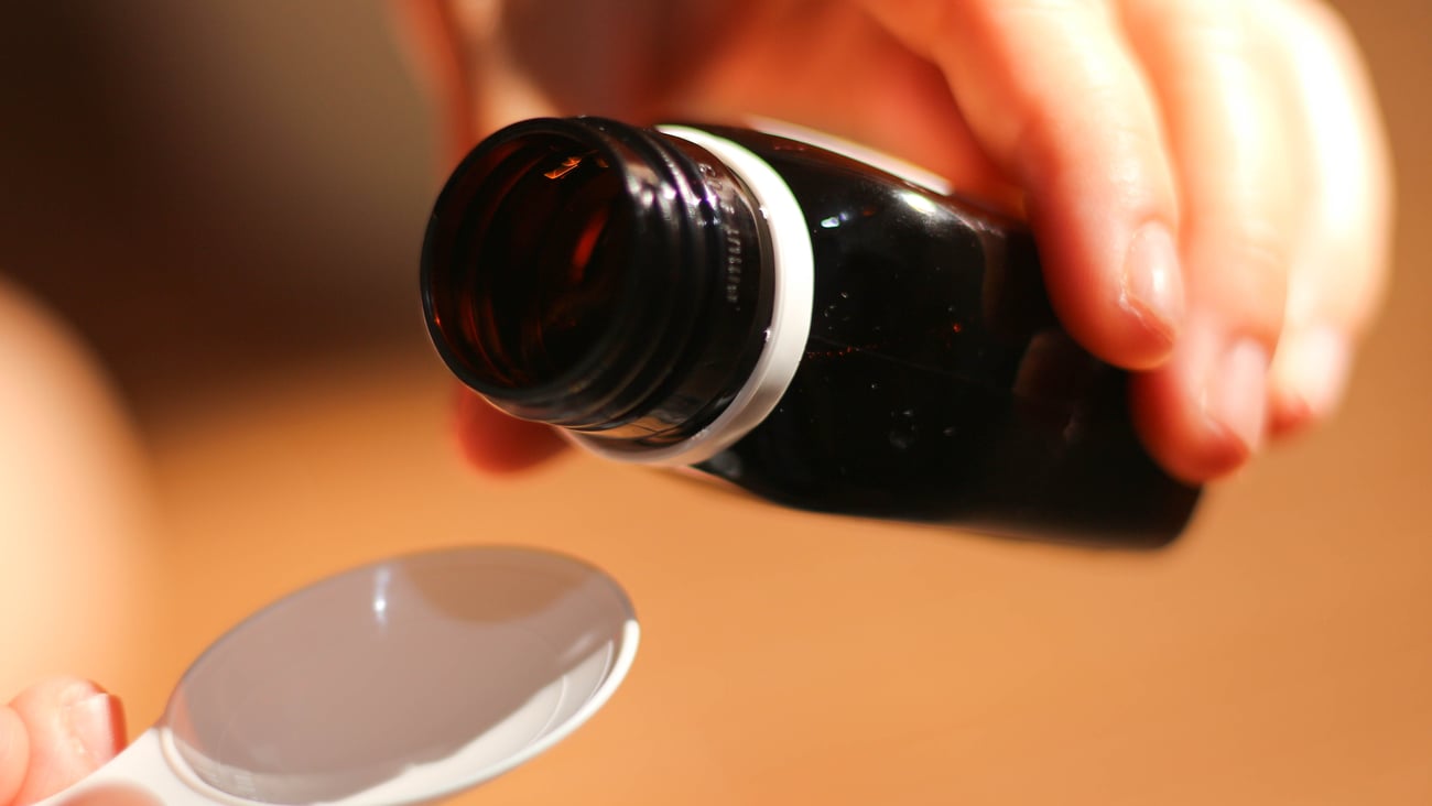 Hands pouring cough syrup into a spoon