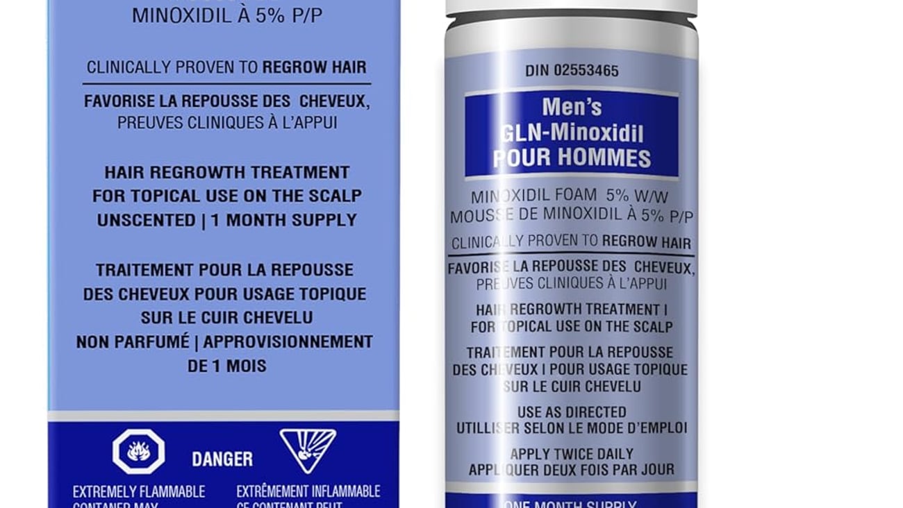 A can of Men’s GLN-Minoxidil 5%.