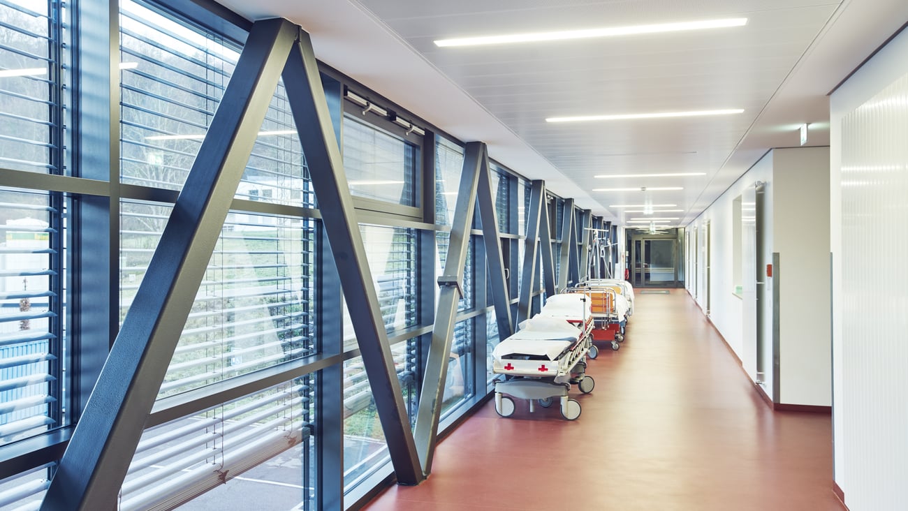 Gurneys in a hospital hallway