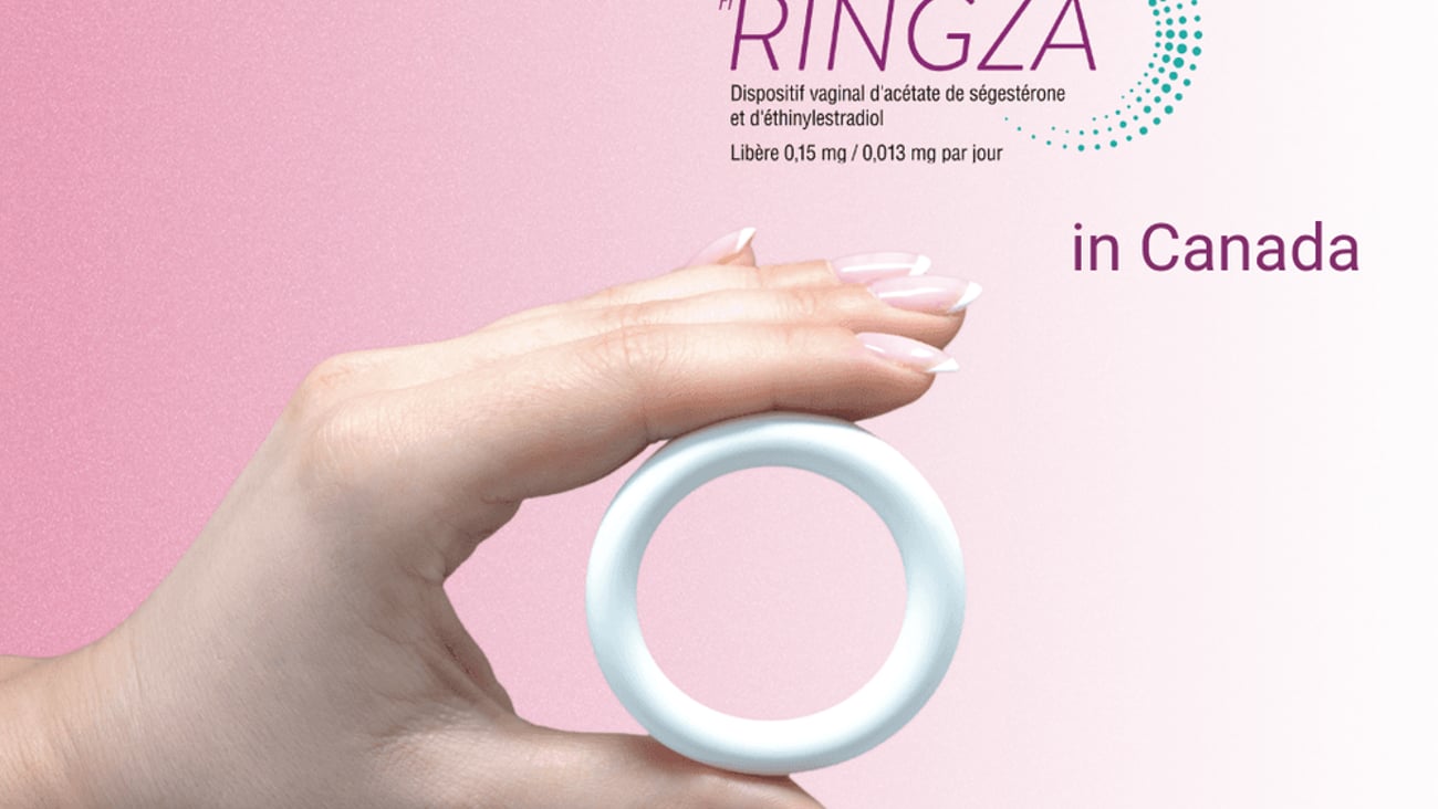 A product poster from the Quebec-based pharmaceutical company Duchesnay depicts a hand holding the Ringza vaginal contraceptive ring.