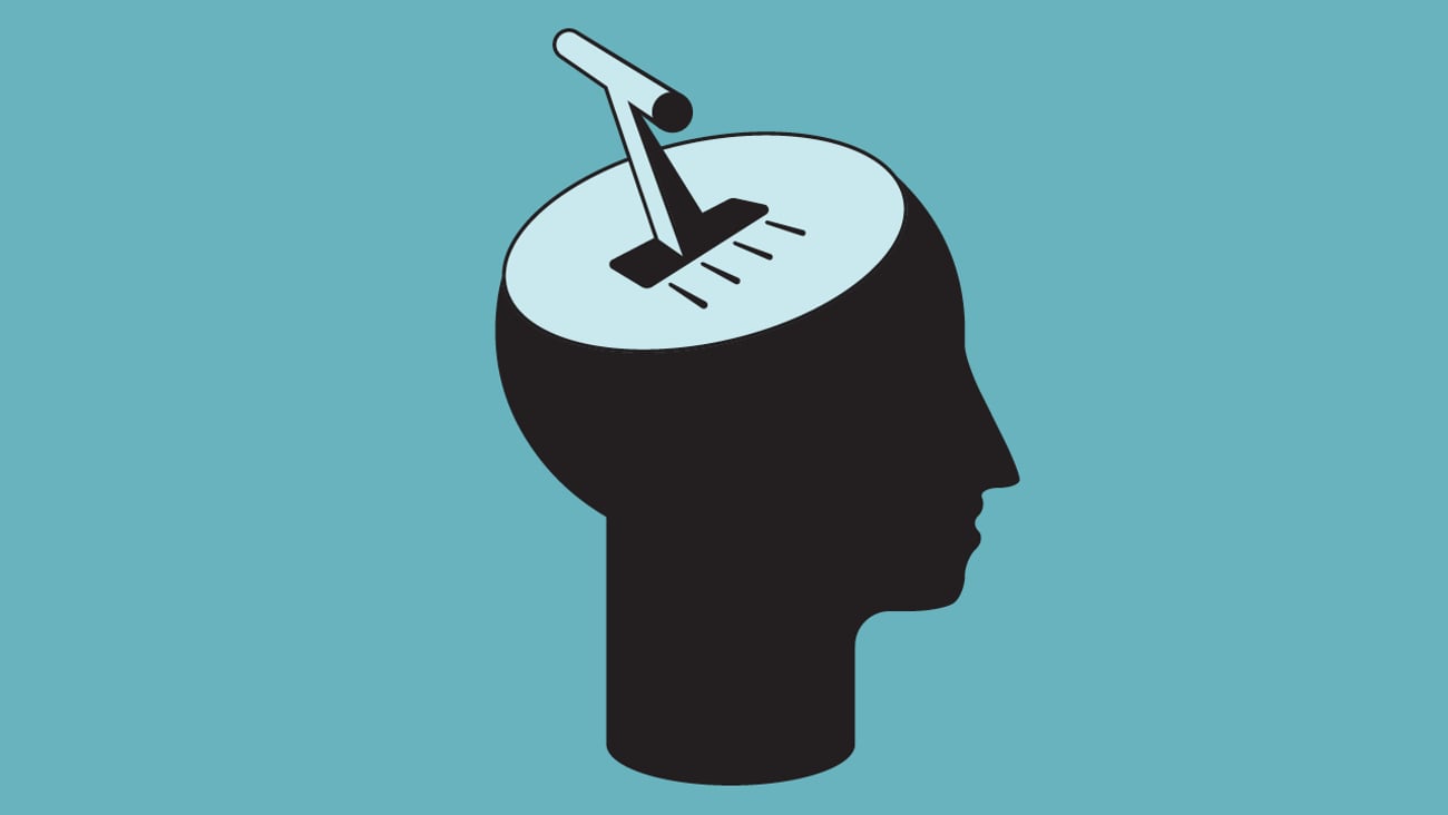 Cartoon of a brain with a gear-stick poking out