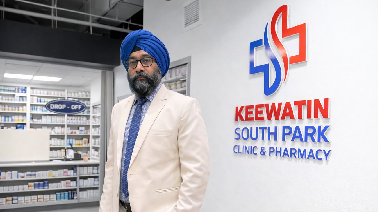 Amarjeet Makkar standing in front of the logo of his business