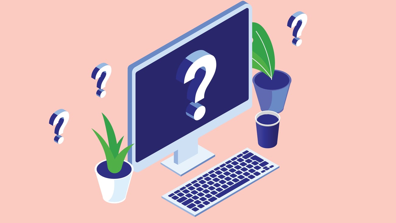 A computer screen displays a question mark along a pink background