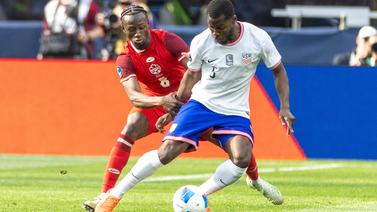 Canada’s Ismaël Koné #8 and United States’ Yunus Musah #6 vie for the ball during the CONCACAF Nations League Third Place Match at Sofi Stadium, March 23, 2025 in Inglewood, Calif.