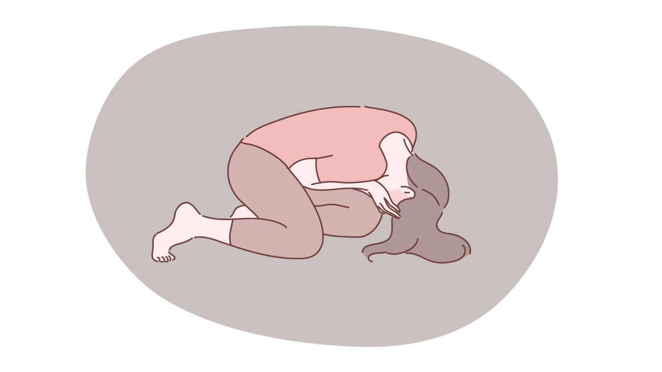 Cartoon of a young woman in the fetal position on the ground