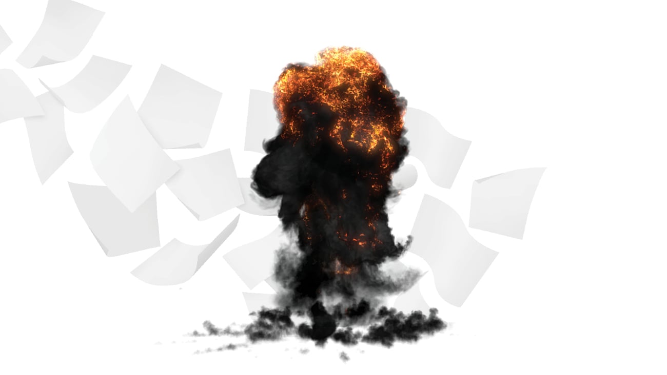 A mushroom cloud rising from a burning pile of paperwork