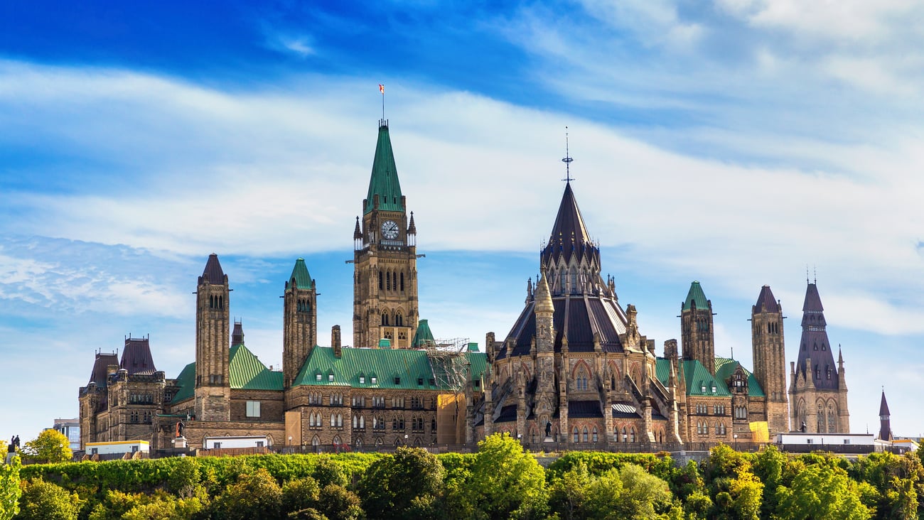 The Canadian Parliament in Ottawa on a sunny day.