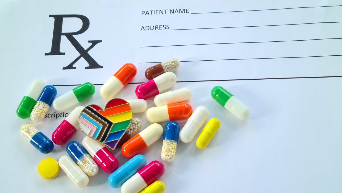 Hormonal pills after gender reassignment medical prescription form. Transgender transition and LGBT pride concept