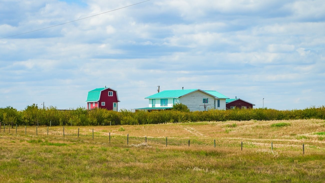 Old wooden houses in the small hamlet of Dorothy, a rural community built by pioneers of the Old West in Alberta.