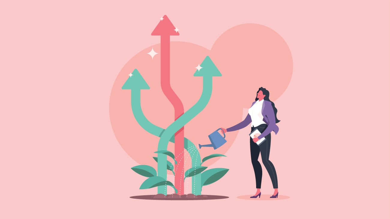 A cartoon of a woman watering arrows pointing upward as though they are a plant