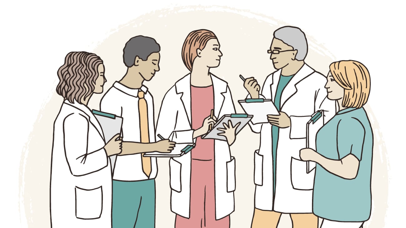 A cartoon of various healthcare professionals having a discussion