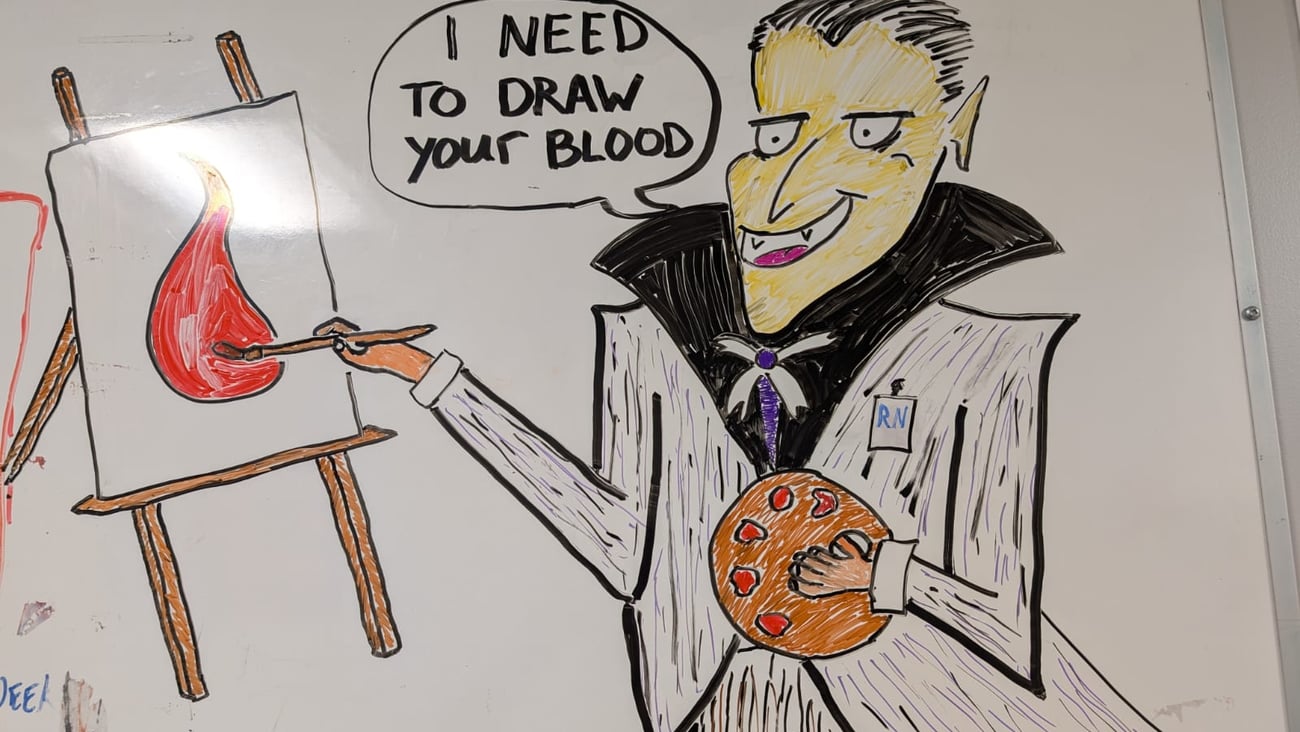 An illustration featuring Count Dracula with a nursing badge saying, “I need to draw your blood,” while painting a literal droplet of blood on an easel. (Dave Falconer) 