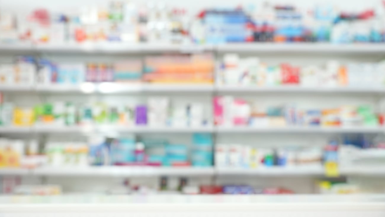 Shelves at a pharmacy.