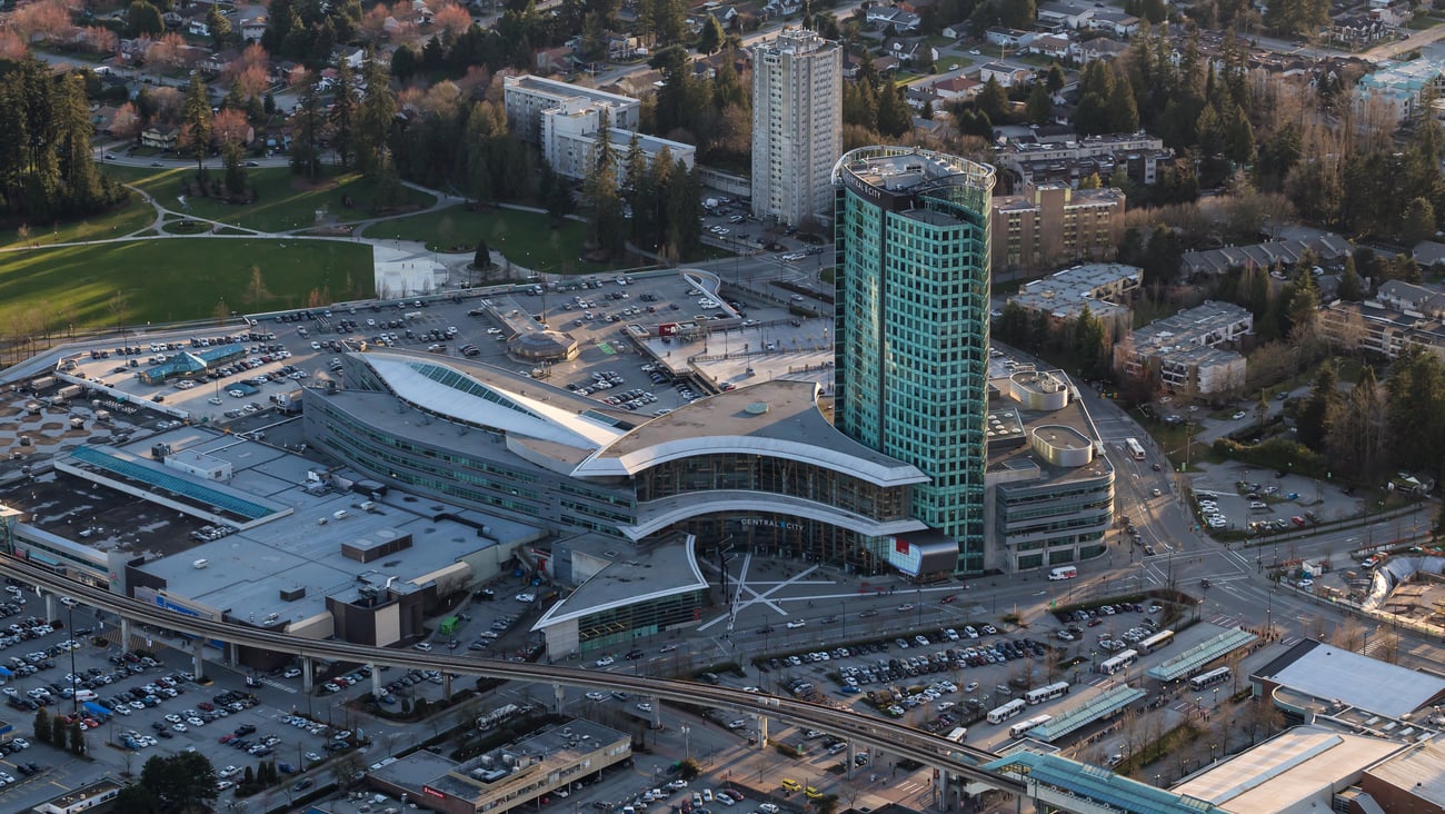Aerial view of the Simon Fraser University campus in Surrey, B.C.