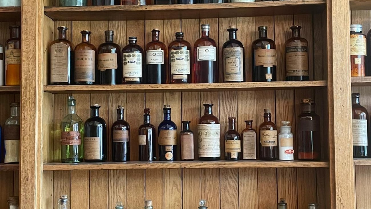 Shelf at a pharmacy museum 